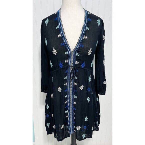 Free‎ People Stargazer Mini Dress Embroidered V-Neck Tie Waist Black Blue Small - Picture 1 of 12